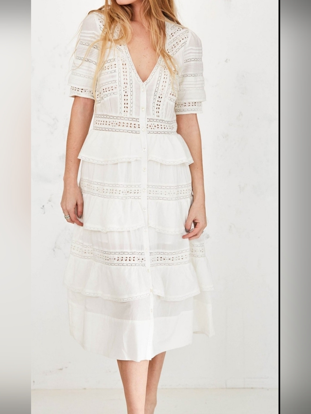 LoveShackFancy White Cotton Lace Midi Dress Embroidered Button Front XS